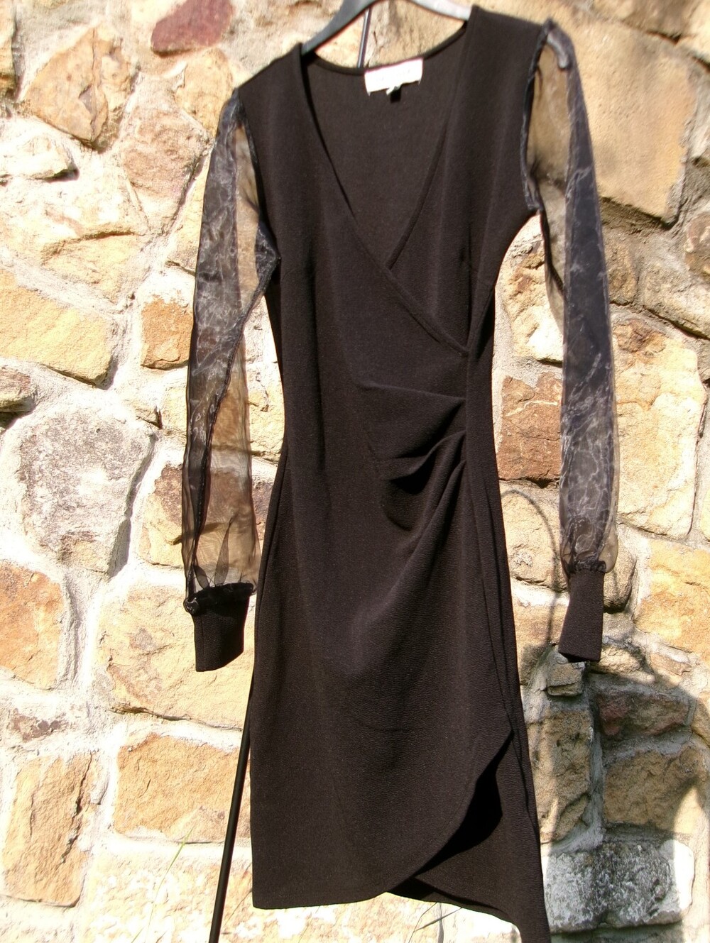 Almost Famous Black Long-Sleeve Sheer-Sleeve Wrap Dress